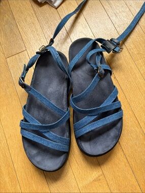 ba&sh Denim-Strap Flat Sandals in Navy